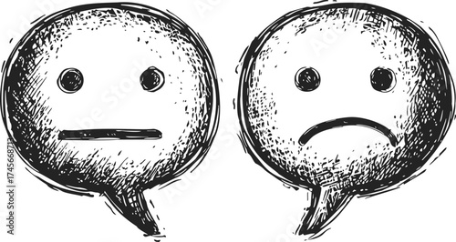 Neutral and sad face sketch hand drawn speech bubbles, expressive doodle style — stock vector