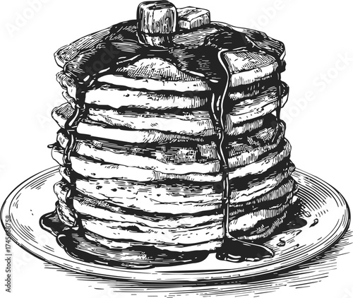 Pancakes sketch hand drawn stack with syrup and butter on plate — stock vector