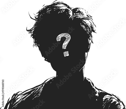 Silhouette portrait sketch with question mark on face, hand drawn mysterious person — stock vector