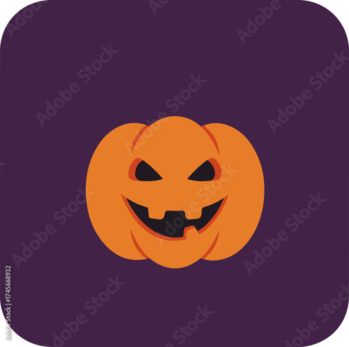 Carved pumpkin with triangular eyes and toothy grin on deep purple background