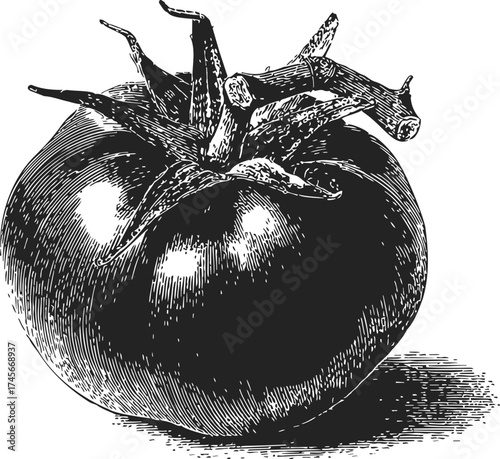 Tomato vintage engraving sketch hand drawn botanical illustration with detailed stem — stock vector