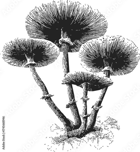 Mushrooms cluster hand drawn sketch botanical illustration vintage engraving style — stock vector