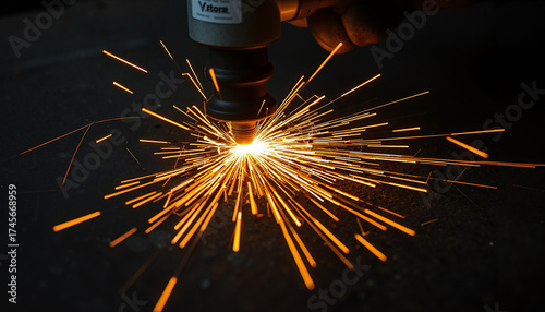 Close-up of welding sparks from a hand-held tool on a metal surface, an industrial metalworking process.
