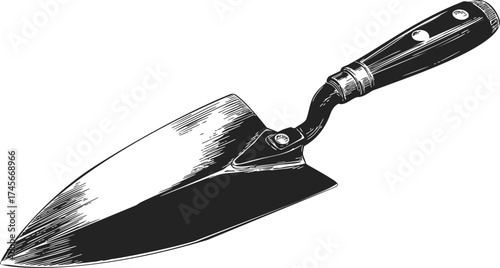 Garden trowel sketch, hand drawn tool with wooden handle and metal blade — stock vector
