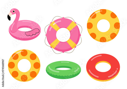 A colorful collection of inflatable swimming rings and pool floats for summer fun and water activities.