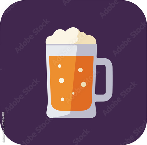 Close-up of a light gray beer mug filled with rich amber beer on a dark purple background