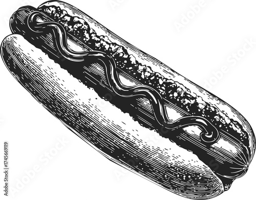 Hot dog sketch hand drawn with mustard and bun detailed engraving — stock vector