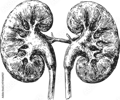 Kidneys sketch hand drawn anatomical organs with detailed structure — stock vector