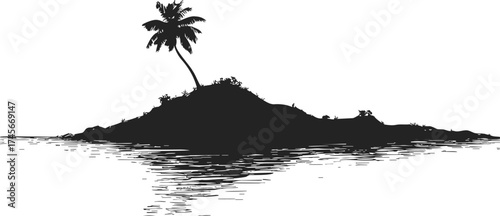 Island silhouette sketch with palm tree and water reflection — stock vector