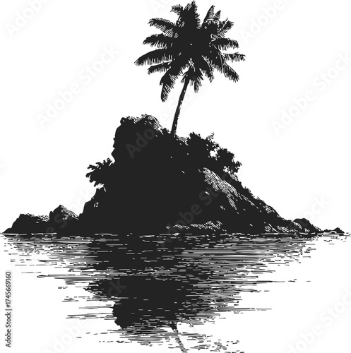Island sketch hand drawn tropical paradise palm tree water reflection — stock vector