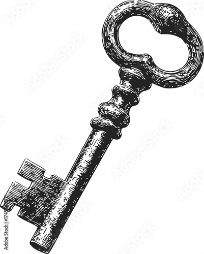 Antique key sketch, hand drawn vintage skeleton key with ornate details — stock vector