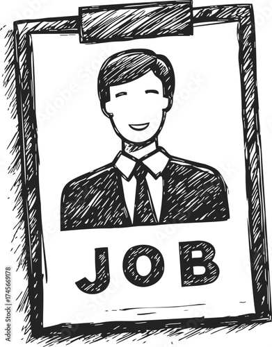 Job applicant sketch hand drawn on clipboard with smiling businessman — stock vector