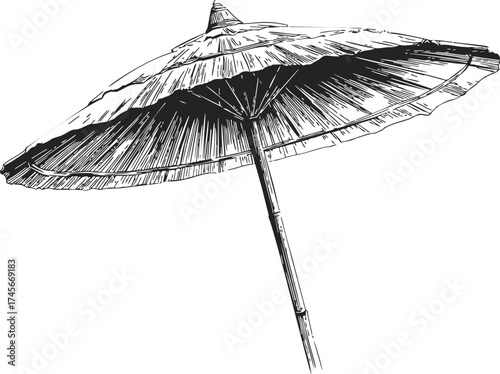 Thatch umbrella sketch hand drawn tropical sunshade with bamboo pole — stock vector