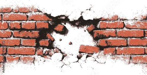 Brick wall sketch, hand drawn style, damaged with large hole and crumbling edges — stock vector