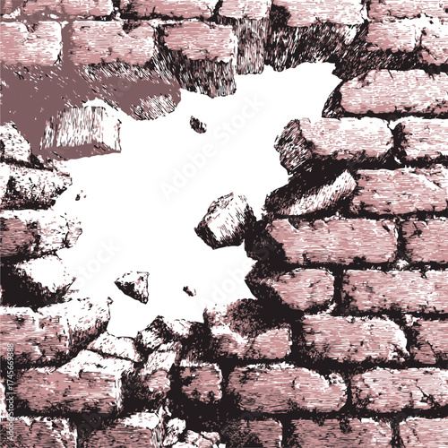 Broken brick wall sketch, hand drawn style with scattered debris — stock vector