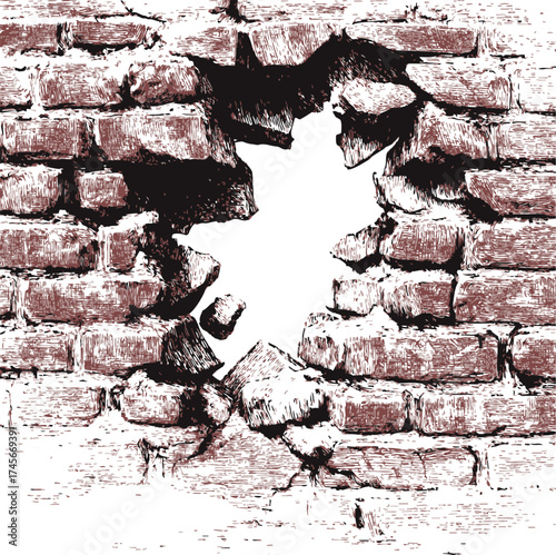 Brick wall sketch, hand drawn style, large hole in damaged masonry — stock vector