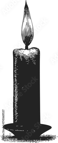 Candle sketch hand drawn with burning flame on holder in black and white — stock vector