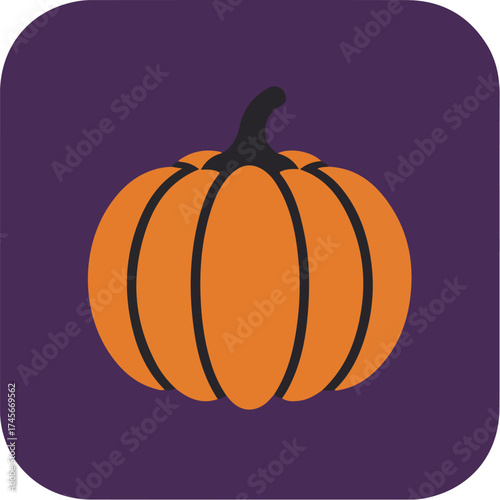 Vibrant orange pumpkin with green stem on dark purple background