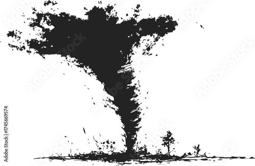 Tornado sketch hand drawn black and white whirlwind over landscape — stock vector