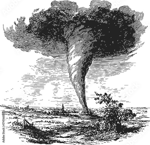 Tornado vintage engraving sketch hand drawn natural disaster countryside scene — stock vector