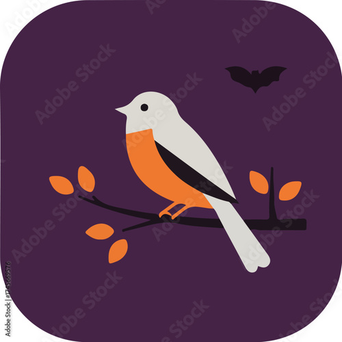 White bird with orange accents perched on a branch with orange fruits and a black bat in flight on purple background