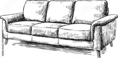 Sofa sketch hand drawn three seat couch with cushions and armrests — stock vector