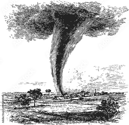Tornado hand drawn sketch vintage engraving rural landscape — stock vector