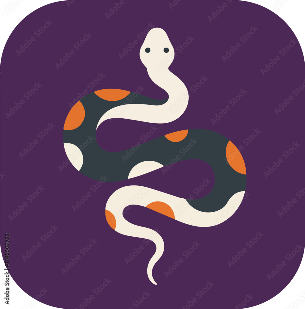 Obraz premium Stylized snake with bright orange spots on deep green body against purple background