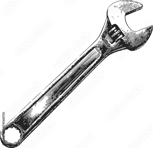 Adjustable wrench hand drawn sketch style mechanical tool illustration — stock vector