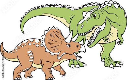Cartoon dinosaurs, T. rex roar, Triceratops horns, prehistoric fight, green and brown, dinosaur battle, kids illustration, Jurassic scene, animal conflict