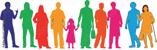 Diversity inclusion community silhouettes, colorful people figures, accessibility equality teamwork, children adults disability support, cad drawing flat vector illustration design