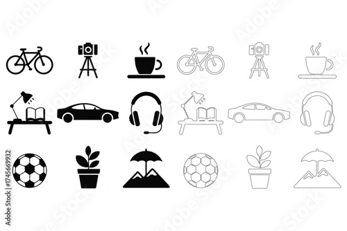 Collection of simple line icons representing everyday objects and activities for modern design needs silhouette