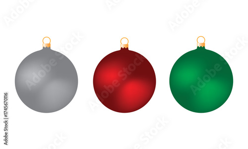 Set of Christmas baubles in silver, red, and green colors with glossy finish on white background, holiday decoration concept