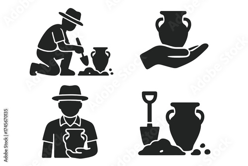 Archaeology icon set. Archaeologist digging for treasure. Excavation of ancient artifact. Man finding antique pottery vase. Historical discovery glyph symbol collection vector.
