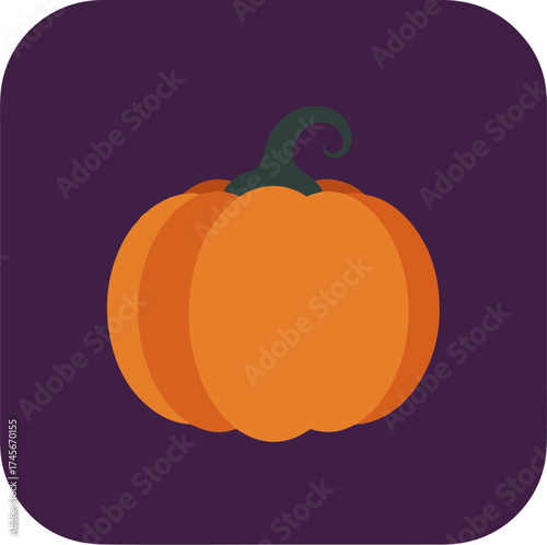 Single vivid orange pumpkin with green stem on deep purple background