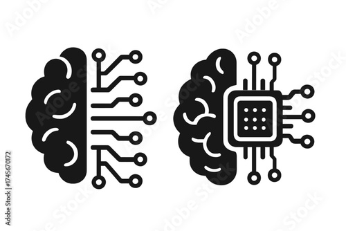 Artificial intelligence icon set. Human brain with computer chip. Bionic mind, neurotechnology, machine learning concept. Future cyborg technology. AI neurology vector logo.