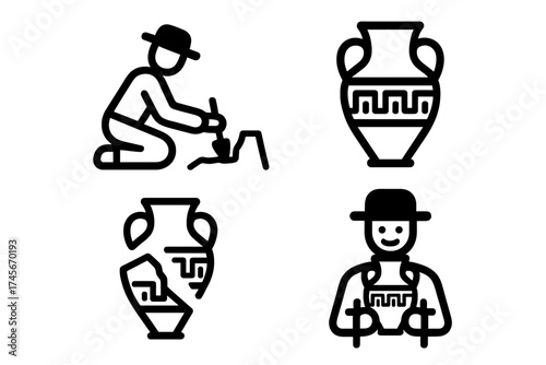 Archaeologist icon set. Man digging and finding ancient pottery. Excavation and restoration of historical artifacts. Vector illustration of archeology science and discovery.