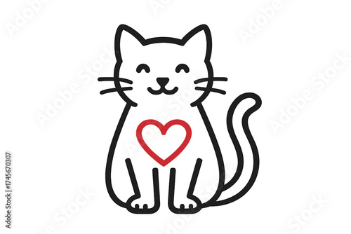 Cute cat with red heart logo vector illustration. Line art kitty icon. Symbol for pet shop, veterinary clinic, animal shelter or charity. Love, care, adoption concept design.