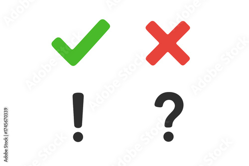 Check mark icon set. Green OK tick, red X cross, exclamation point and question mark symbols. Correct and incorrect signs for checklist, test or quiz. Yes, no, vote vector.