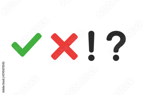 Check mark icon set. Green tick, red X cross, exclamation & question mark symbols. Yes, no, warning & help signs. Vector for checklist, quiz, survey, vote or poll results.