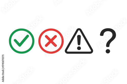 Check mark icon set. Green OK tick, red X cross, warning exclamation mark, and question mark symbols. Approval, rejection, and alert signs for checklists, tests, and quizzes.