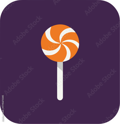 Vibrant lollipop with orange and white spiral pattern on purple background