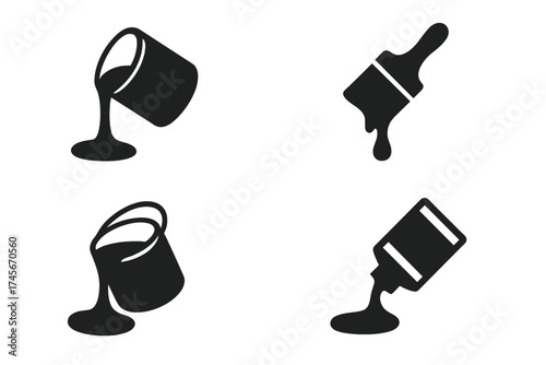 Paint bucket, can, and brush icon set. Pouring liquid, dripping color, and spilling paint vector symbols. Renovation, art, and DIY craft concept. Simple glyph collection.