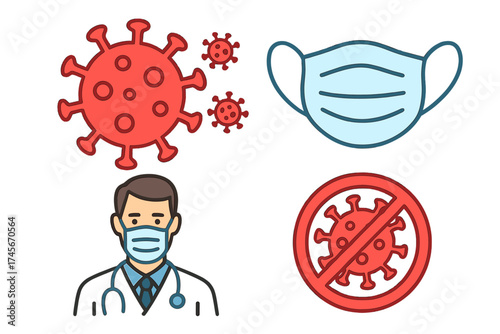 Covid-19 coronavirus icon set vector illustration. Medical concept for pandemic prevention and protection. Doctor, face mask, stop virus sign and bacteria cell collection.