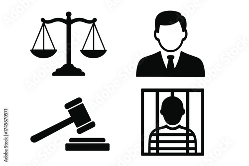 Justice system icon set. Court, law, crime and punishment concept. Lawyer, judge, defendant. Gavel, scales, prisoner behind bars symbols. Guilt, verdict, sentence icons.