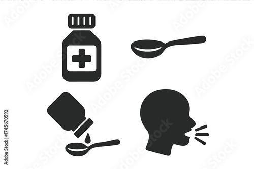 Cough syrup medical icon set. Sickness, flu, and cold treatment concept. Medicine bottle, spoon, and coughing person silhouette. Health care and pharmacy vector illustration.