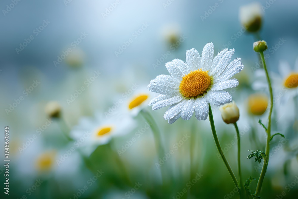 Fototapeta premium Beautiful white daisy with delicate dew drops, blooming in a serene garden.