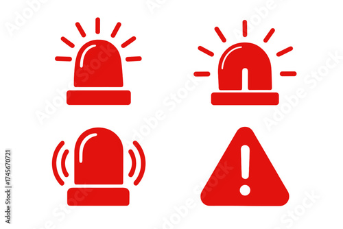 Emergency police flasher siren vector icon set. Red ambulance light, alert, caution & warning attention sign. Danger notification symbol. Hazard flash beacon graphic element.