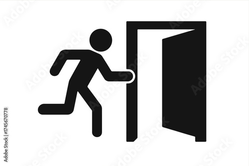 Emergency exit sign vector icon. Running man to open door symbol. Evacuation, fire escape, and safety signage pictogram. Way out concept for public information. Escape route.
