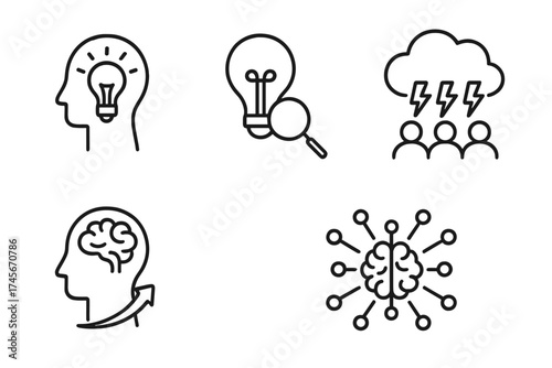 Creativity and idea icon set in line style. Innovation, finding a solution, and creative thinking concepts. Brainstorming, teamwork, mind, brain, psychology vector symbols.